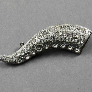 Vintage Clear Rhinestone Leaf Cornucopia Shaped Brooch Pin Silver Tone Setting